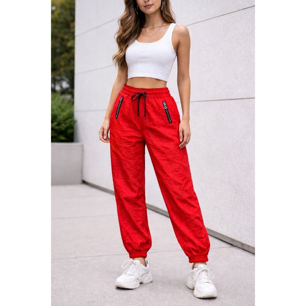 NWT MSGM Milano Crinkled Elastic Waist Drawstring Joggers Red Streetwear Size 42